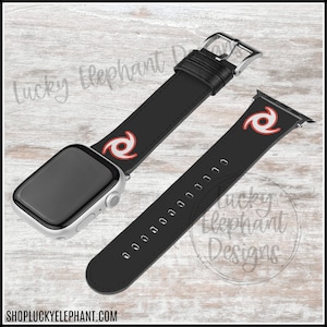 May include: Black Apple Watch band with a red and white swirl design. The band is shown on a silver Apple Watch.