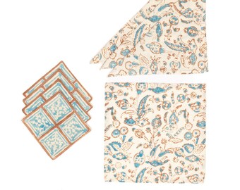 Cocktail Napkin and Coaster Set Cornflower Blue & Clay