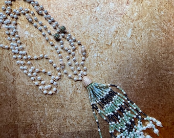 Pearl and Sea Green Tassle Necklace