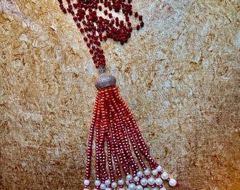 Red Crystal Bead Necklace with Tassel