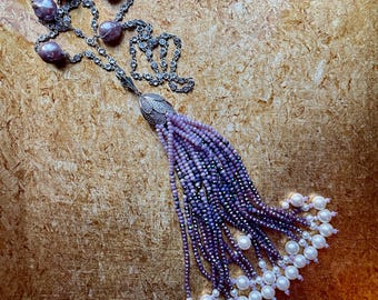 Pearl Lavender crystal Necklace with Beaded Tassel