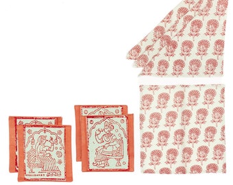 Cocktail Napkin and Coaster Set Cinnabar & Aqua