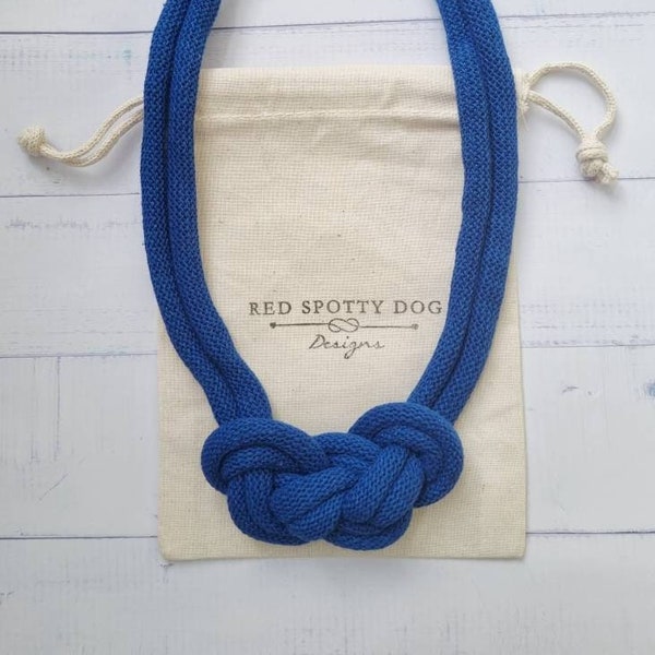 Royal blue Maya style cotton cord knotted necklace with magnet clasp