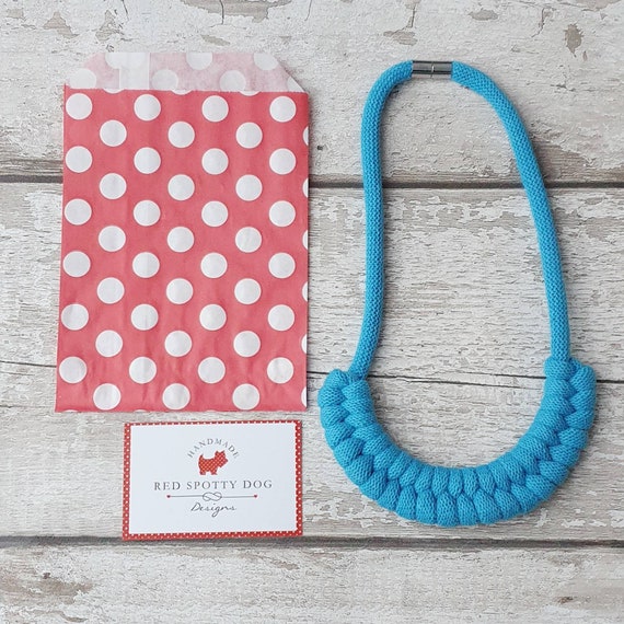 Sky Blue Knotted Rope Necklace, Bright Colourful Statement Jewellery, Modern Chunky Accessory For Her