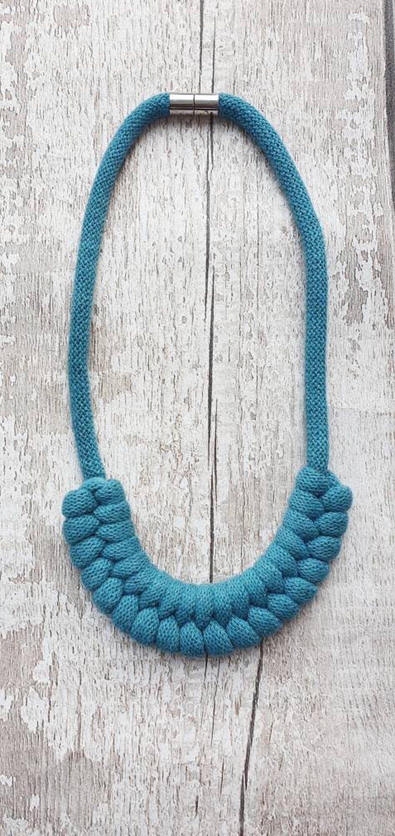 sustainable fashion magnet fastening cotton cord jewellery quirky statement piece Teal colour Jayne style knotted macrame necklace
