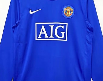 Retro 2008–2009 Away Blue Manchester United UCL Langarmtrikot – wie von Ronaldo, Rooney und Giggs getragen, MU-Trikot, Ronaldo-Trikot