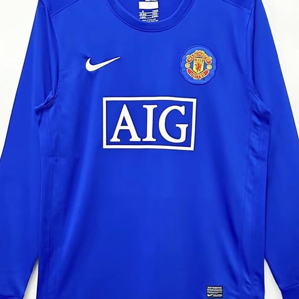 Maillot rétro manches longues bleu Manchester United UCL extérieur 2008 - 2009 - tel que porté par Ronaldo, Rooney et Giggs, maillot MU, maillot Ronaldo