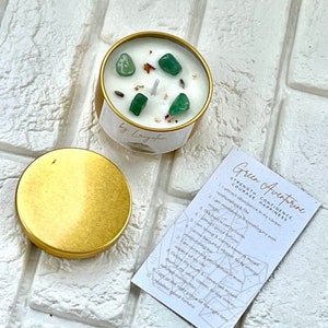 Aventurina verde - Mini vela de estaño de soja con infusión de cristal y tarjeta de afirmaciones: fuerza, confianza, coraje, felicidad