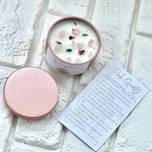 Pink Quartz – Crystal Infused Edelstein Soja Mini Blechkerze und Affirmationen Karte – Bedingungslose Liebe, Mitgefühl, Positivität