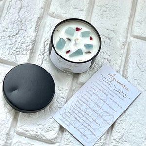 Aquamarijn - Crystal Infused Gemstone Soy Mini Tin Candle and Affirmations Card - Rust, Sereniteit, Helderheid, Harmonie