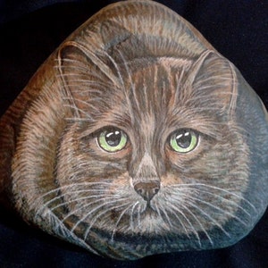 Puede incluir: Arte rupestre pintado a mano que representa la cara de un gato. El gato tiene pelaje gris y marr&oacute;n, ojos verdes y bigotes blancos. La obra de arte est&aacute; sobre una roca lisa y redondeada, con un fondo oscuro.