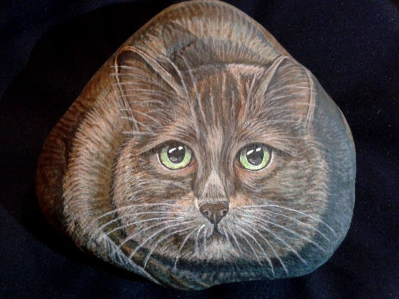 Puede incluir: Arte rupestre pintado a mano que representa la cara de un gato. El gato tiene pelaje gris y marr&oacute;n, ojos verdes y bigotes blancos. La obra de arte est&aacute; sobre una roca lisa y redondeada, con un fondo oscuro.