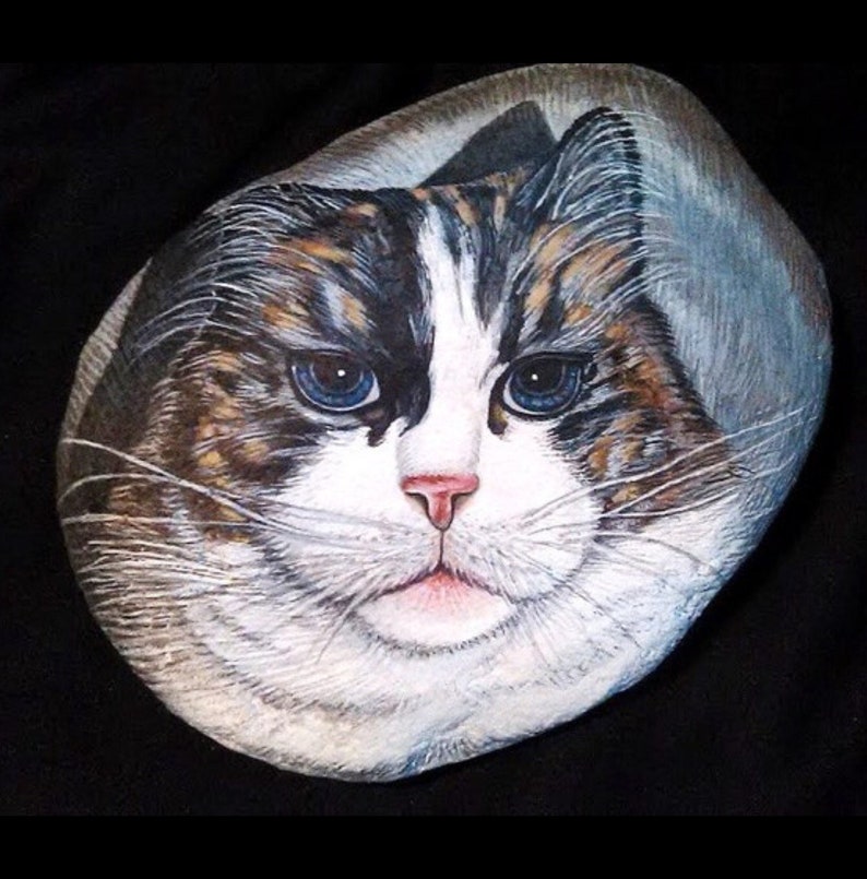 Puede incluir: Una piedra pintada a mano presenta un retrato detallado de un gato. El gato tiene ojos azules, nariz rosa y pelaje marr&oacute;n, blanco y negro. La obra de arte est&aacute; sobre un fondo negro, resaltando los rasgos del gato.