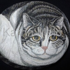 Puede incluir: Una piedra pintada a mano con un gato atigrado. El gato est&aacute; representado en tonos grises, blancos y marrones, con ojos amarillos y una nariz rosada. La obra de arte est&aacute; sobre un fondo negro. El nombre del artista, Karin Melo, es visible.