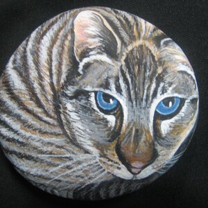 Puede incluir: Una piedra pintada a mano con la cara de un gato atigrado. El gato tiene ojos azules brillantes, una nariz rosa y pelaje detallado en tonos grises, marrones y blancos. La obra de arte est&aacute; sobre un fondo negro.