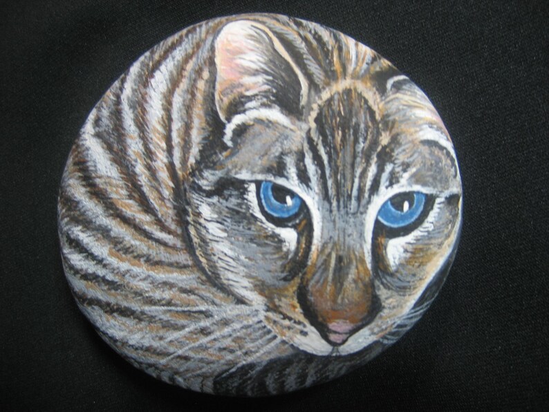 Puede incluir: Una piedra pintada a mano con la cara de un gato atigrado. El gato tiene ojos azules brillantes, una nariz rosa y pelaje detallado en tonos grises, marrones y blancos. La obra de arte est&aacute; sobre un fondo negro.