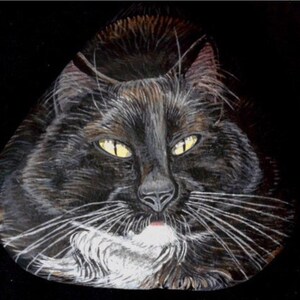 Puede incluir: Retrato pintado de un gato blanco y negro con ojos amarillos. El pelaje del gato est&aacute; detallado con tonos de negro, marr&oacute;n y blanco. El fondo es negro liso, resaltando la cara y los bigotes del gato.