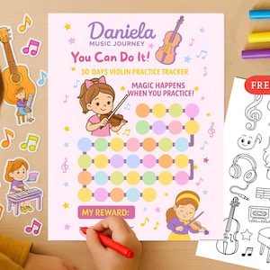 30-dagars övningsschema för fiol, utskrivbar | Notövningstabell för barn, direkt nedladdning i PDF-format