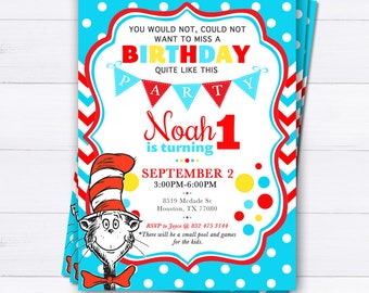 Dr Seuss Birthday Invitation - Personalized Blue and red Dr Seuss Invitation - Boy Birthday Girl Birthday- PRINTABLE