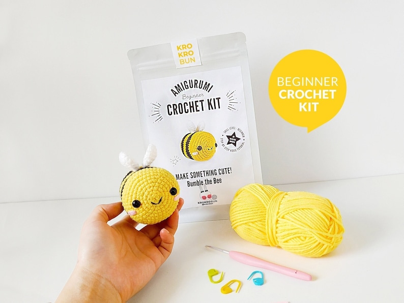 Beginner Crochet Kit Amigurumi Bee, Learn How to Crochet Kit, Easy Crochet Starter Kit, Amigurumi Kit, DIY Craft Kit Gift, Crochet Bee Kit image 1