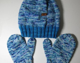 Hand Knit wool beanie and matching mittens -  blue speckles - merino wool and cashmere