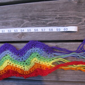 May include: A rainbow crochet scarf with fringe. The scarf is made with different colors of yarn, including purple, blue, green, yellow, orange, and red. The scarf is approximately 59 inches long.