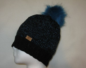 Knit wool pompom beanie -  black and blue - 90% Wool 10 Nylon