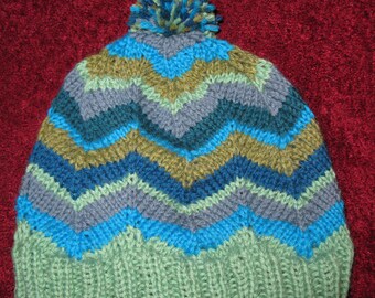 OOAK Knit Wool Beanie - green and blue chevrons - medium (toddler - small child)