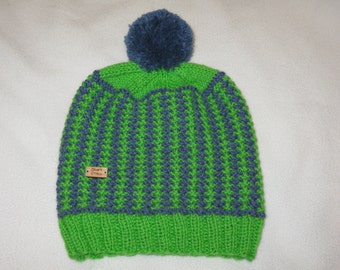 100% Wool Knit Hat - Blue and Green textured