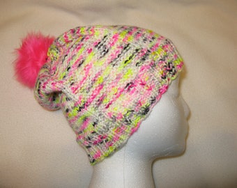 Knit wool beanie -  slouchy neon speckles - merino wool