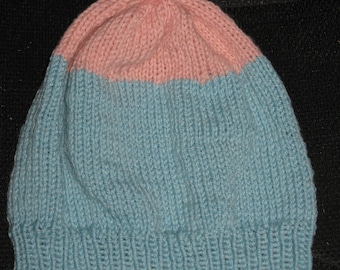 Knit wool slouchy beanie - pink and blue - merino wool and cashmere