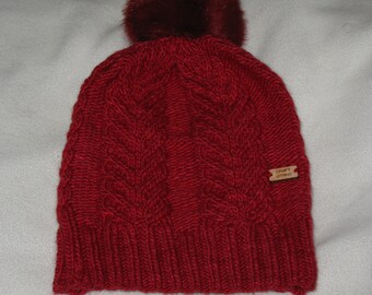 100% Wool Knit Hat - red with antler cable texture
