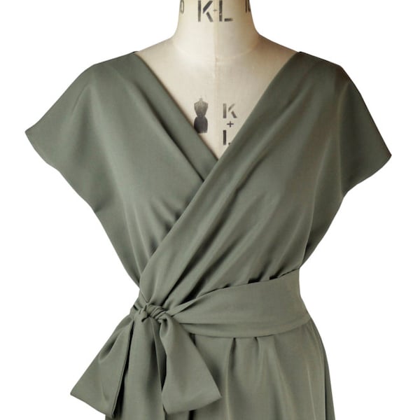 Baylis - Knight Khaki WRAP Bombshell Short Sleeve Midi Dress vintage Dita Retro Classic 40s Pin Up