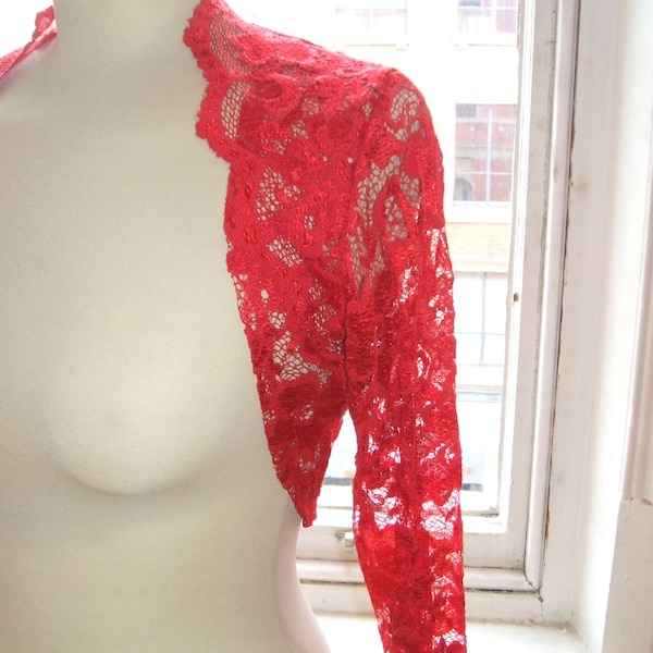Baylis & Knight Ruby Red Lace Cropped Long Sleeved Bolero Cardigan Wrap Stole Shrug vintage Dita