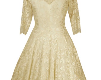 Baylis & Knight Cafe Latte Cream Nude Lace CIRCLE Low Cut Sweetheart Wedding Dress 3/4 Sleeve Retro Princess Kate Middleton Ball Gown 50's