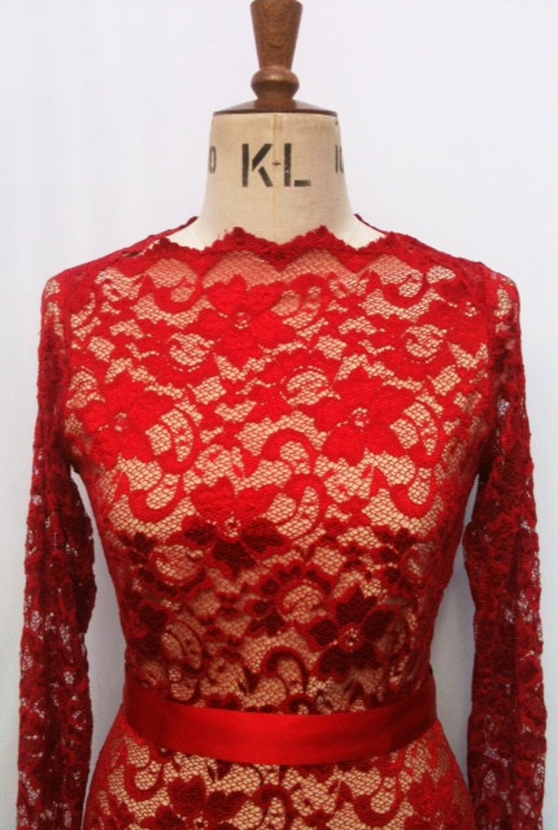 Baylis & Knight Red Nude Lace Long Sleeve Slash Boat Neck Princess Kate Middleton Wiggle Knee Dress Dita Burlesque image 2