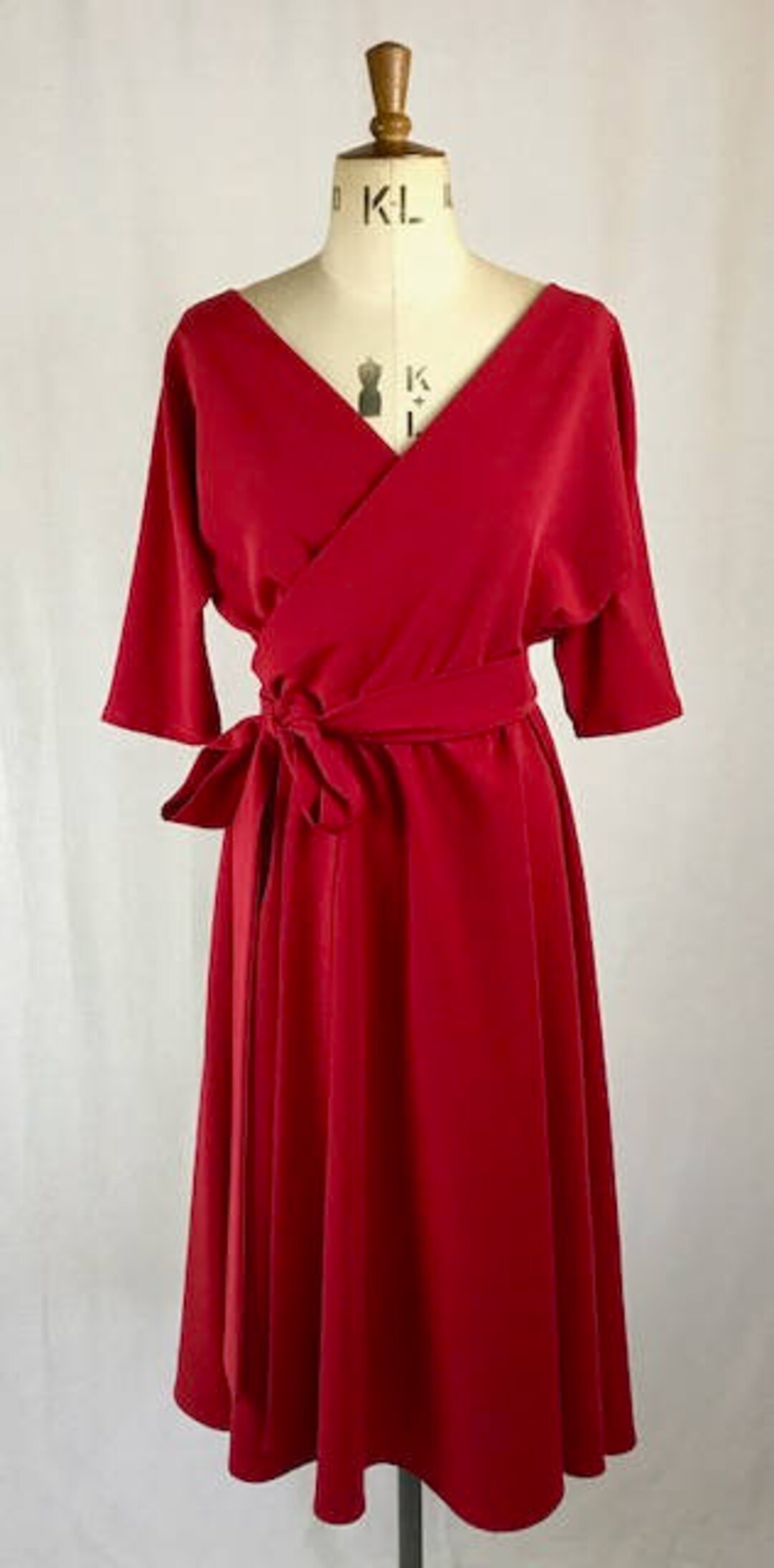 Baylis & Knight Red Wrap 3/4 Sleeve Bat Wing Dress With Flared Skirt - Etsy