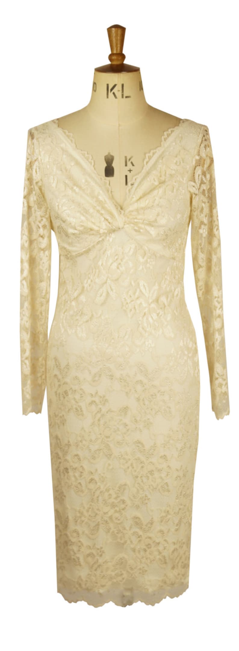 Baylis /& Knight Cream Nude LACE Long Sleeve TWIST Wiggle Wedding party dress