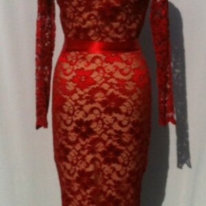 Baylis & Knight Red Nude Lace Long Sleeve Slash Boat Neck Princess Kate Middleton Wiggle Knee Dress Dita Burlesque image 4