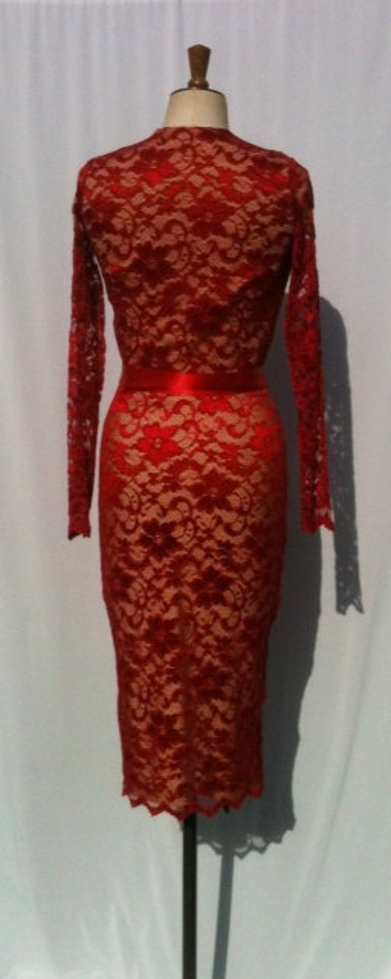 Baylis & Knight Red Nude Lace Long Sleeve Slash Boat Neck Princess Kate Middleton Wiggle Knee Dress Dita Burlesque image 4