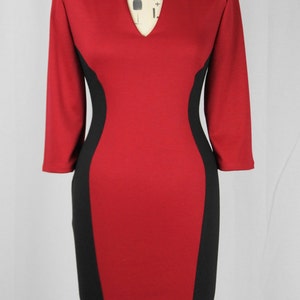 Baylis & Knight Black Red Ponte PLUNGE V Neck 3/4 Sleeve BOMBSHELL Pencil Wiggle Dress Illusion Dita Pin Up