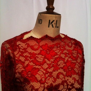 Baylis & Knight Red Nude Lace Long Sleeve Slash Boat Neck Princess Kate Middleton Wiggle Knee Dress Dita Burlesque image 3