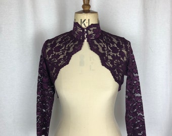 Baylis & Knight Aubergine purple high button neck Scalloped Lace Wedding  Bridal Occasion Cropped 3/4 Sleeved Bolero Cardigan Wrap Stole S