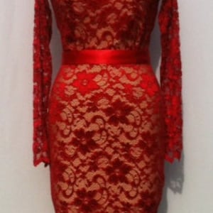 Baylis & Knight Red Nude Lace Long Sleeve Slash Boat Neck Princess Kate Middleton Wiggle Knee Dress Dita Burlesque image 1