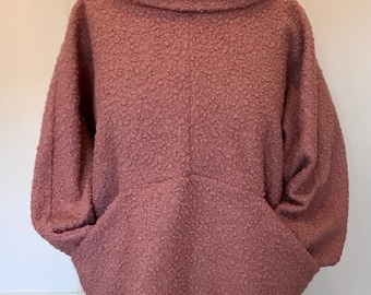 Dusky pink funnel neck slouchy Teddy Boucle top with pocketsBaylis and knight