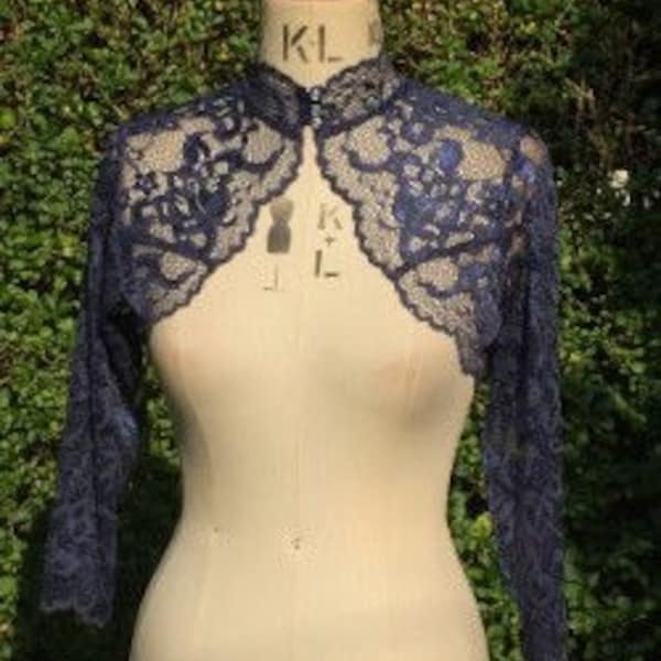 Baylis & Knight Navy Blue high button neck Scalloped Lace Wedding Bridal  Cropped 3/4 Sleeved Bolero Cardigan Wrap Stole Shrug