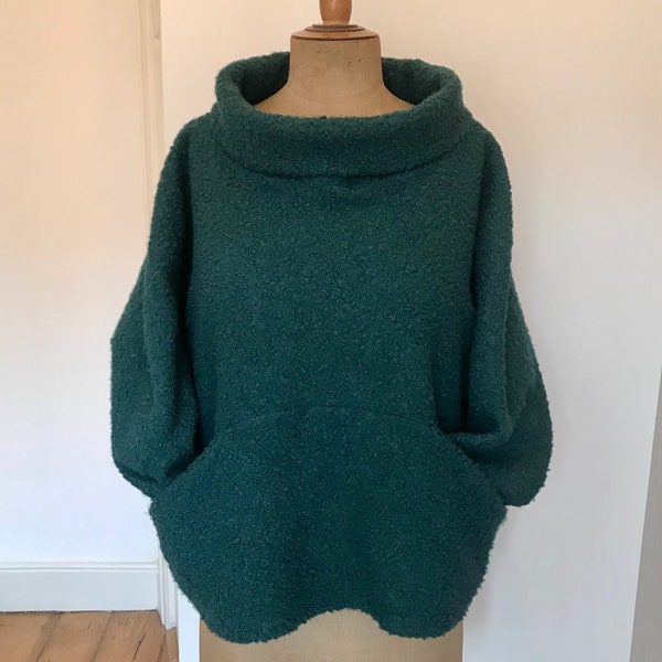 Teal green oversized funnel neck pocket top smock Baylis and Knight