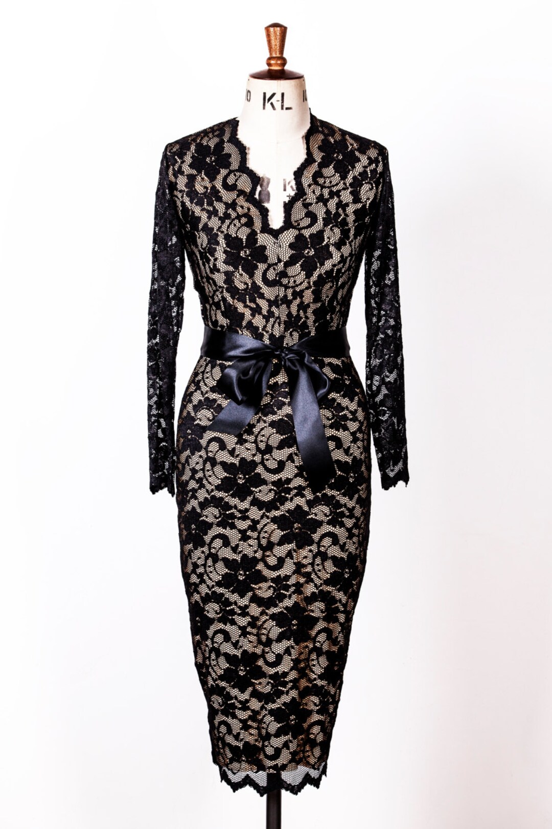 Baylis & Knight Black Nude LACE Long Sleeve Low Cut Wiggle - Etsy