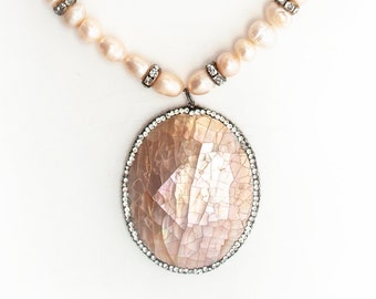 Beige Abalone Pendant, with freshwater Pearls and Stone and crystal beads