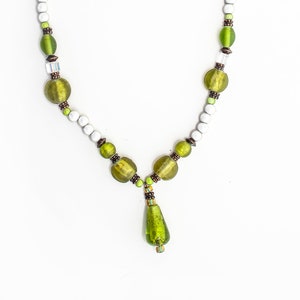 Lime Beach Glass and Miracle Beads with brass components Pendant necklace